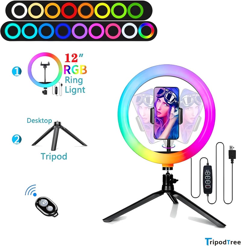 TripodTree 12" Selfie Ring Light with 4" Desktop Tripod Stand & 1 Phone Holder, LED Ringlight with Dimmable Modes(RGB) for Makeup/Photography/Videos/Vlog/TikTok(STDLR12-V2) - Image 2